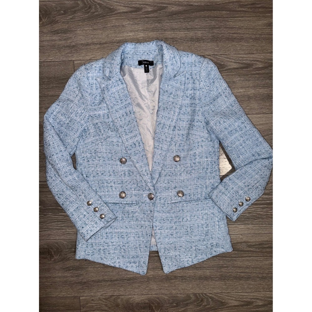New AQUA Womens Blazer S Light Blue Tweed Double Breasted Blazer Silver Buttons